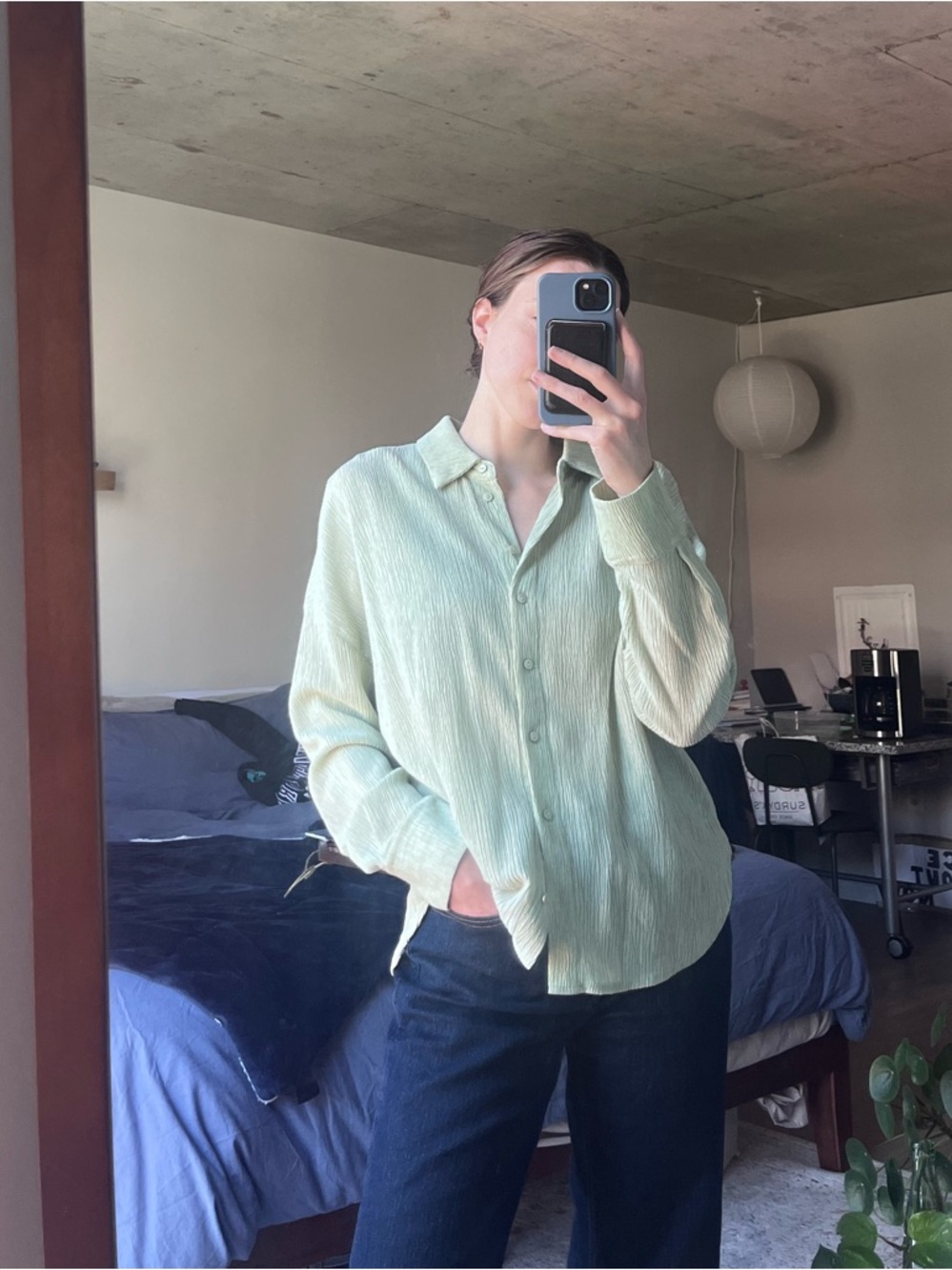 Mango Light Green Button-Down Shirt Size S